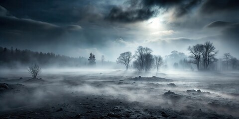 Fototapeta premium Dense fog slowly creeps across a dark and foreboding black landscape
