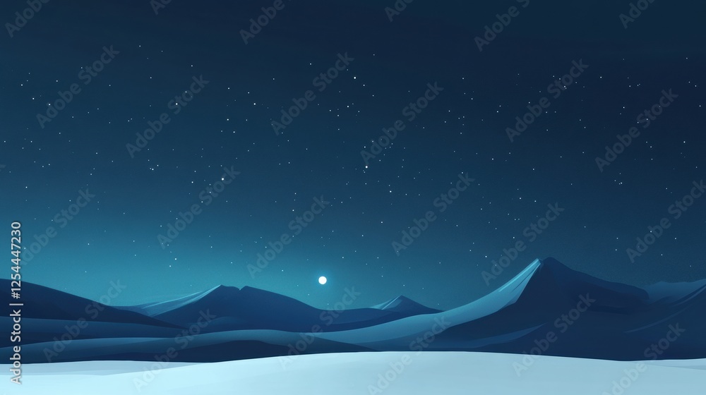 Poster Starry night over snowy mountains with a bright moon illuminating the serene landscape in a tranquil winter setting. Generative AI