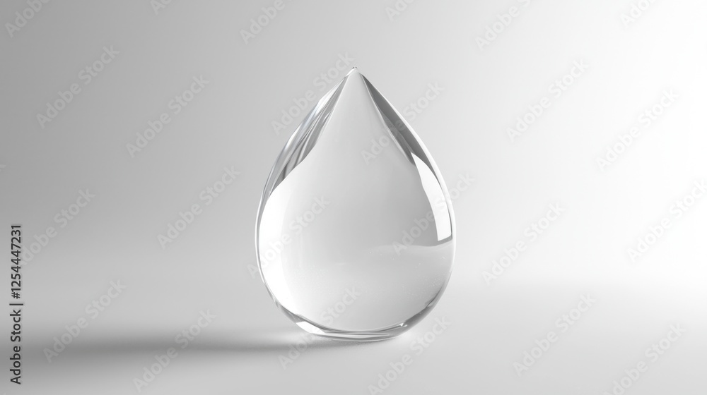 Poster a single pristine water drop with a sleek, sharp-pointed edge, isolated on a white background, symbo
