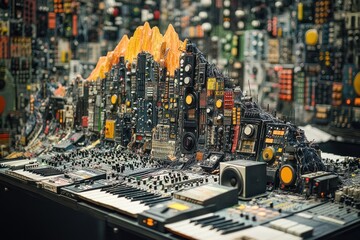 Fototapeta premium Electronic cityscape sculpture, studio, recycled tech, music background, art installation