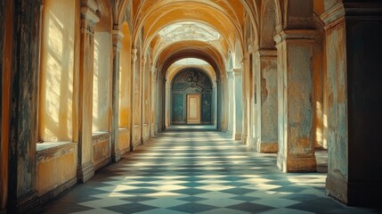 Sunlit Palace Corridor, Decaying Walls, Checkered Floor, Historical Architecture