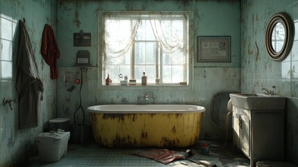 Abandoned yellow bathtub, rustic bathroom, decaying walls, sunlit window, post-apocalyptic setting