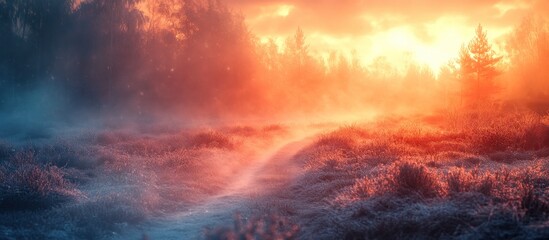 Obraz premium Misty sunrise path, forest background, winter wonderland