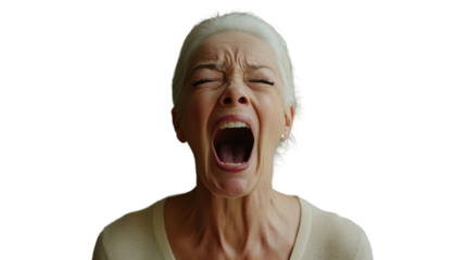 Senior woman shouting with transparent background: expressing extreme emotion