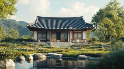 Tranquil Korean house garden pond mountains sunny day