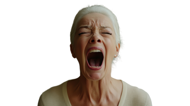 Senior woman shouting with transparent background: expressing extreme emotion