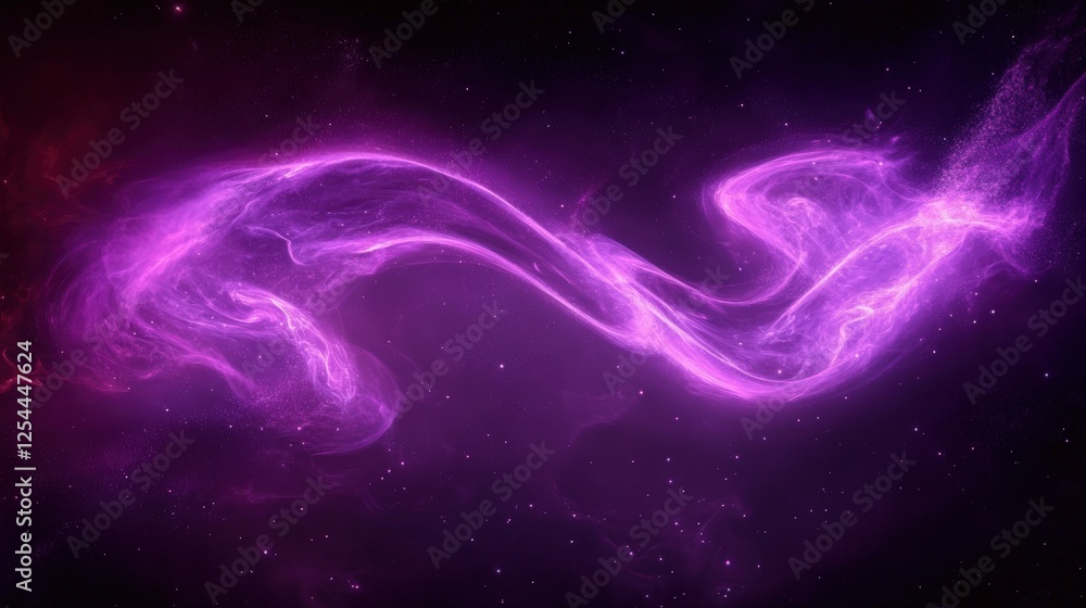 Poster two swirling purple smoke waves intertwining harmoniously in a cosmic setting, creating a mesmerizin