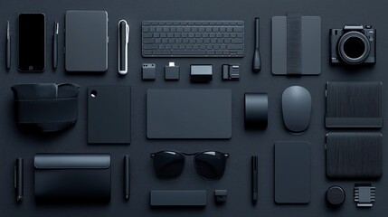 Obraz premium Dark Flatlay Tech Accessories Workspace