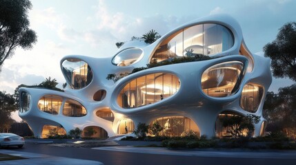 Obraz premium Futuristic organic building sunset suburb