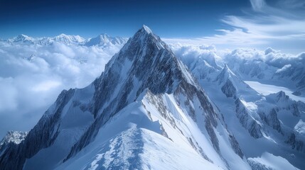 Majestic snowy peak, aerial view, mountain range, cloudscape, adventure travel