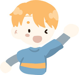 boy with orange hair waving his hand