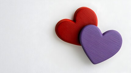 Colorful Wooden Hearts in Red and Purple Designs on White Background