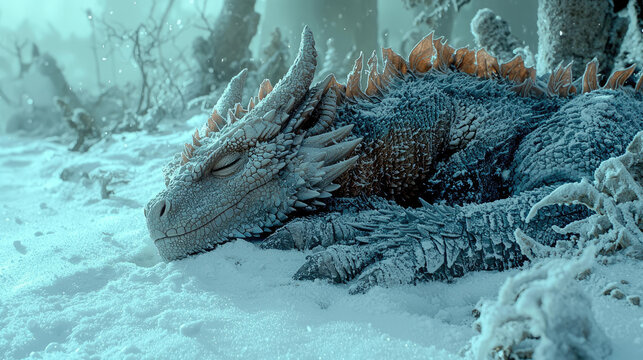 A serene, blue dragon resting peacefully in a snowy landscape surrounded by frosted trees