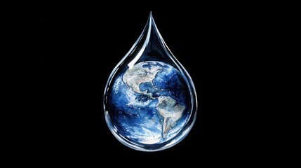A transparent water drop encasing a small globe, representing water conservation and the need to protect our planet.