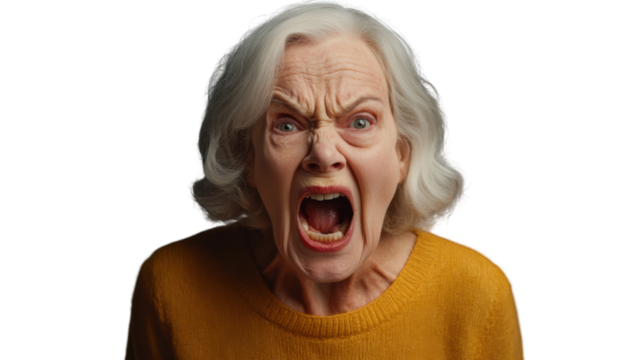Angry senior woman shouting with transparent background