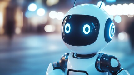 A cheerful, futuristic droid support worker with a playful black-and-white design, set against a soft blur background with vibrant lighting. Perfect for tech and AI-themed projects