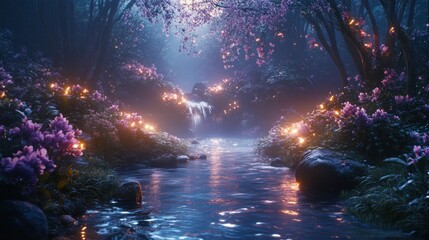 Obraz premium Magical forest stream, glowing flowers, waterfall, night scene, fantasy background
