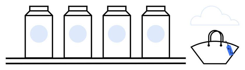 Four milk cartons on a shelf beside a shopping basket with a tag under a cloudy sky. Ideal for supermarket, grocery shopping, consumer choices, products display, dairy, shopping habits, minimalism