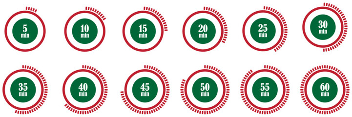 Set of Timer vector icons for 5 10 15 20 25 30 35 40 45 50 55 and 60 minutes.  Minimalist Circular Timer Icons Set from 5 to 60 Minutes Countdown Progress Indicators for Time Management and Scheduling