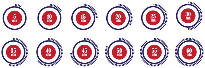 Stopwatch, timer icons set. Speed ​​measurements, countdown from 5 to 60 seconds. Countdown Timer Icon Set with Circular Progress Indicators Ranging from 5 to 60 Minutes for Time Management Scheduling