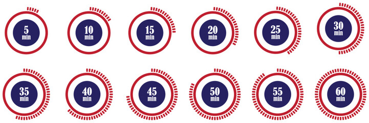 Stopwatch timer icon collection. Set of stopwatch countdown icons. Countdown timer 5 10 15 20 25 30 35 40 45 50 and 60 minutes. Stopwatch timer icon collection. Set of countdown stopwatch icons.