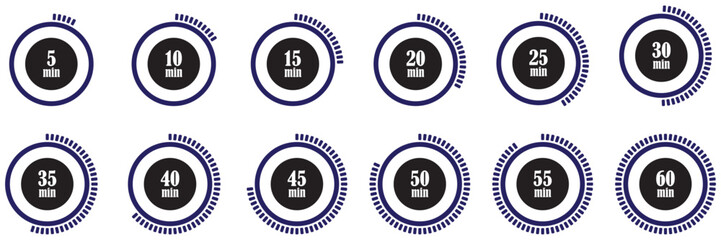 Stopwatch or timer icon for deadline sport, cooking, speed measurement, minutes. Stopwatch and timer icons collection. Countdown symbols set. Set of stopwatch and timer icons. Countdown measurement. 