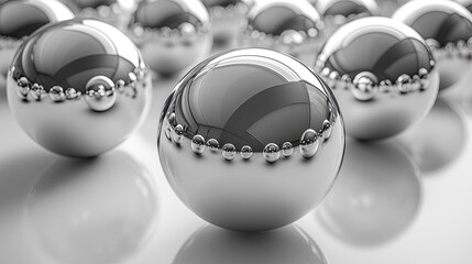 Reflective metal spheres arranged on a smooth surface, creating a visually striking pattern
