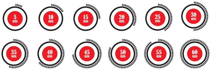 Stopwatch icons. Colorful simple chronometer, time counter with dial. Countdown timer showing hours and minutes. Stopwatch and countdown timer icons. Time tracking collection. Digital stopwatch icons.