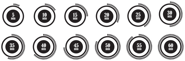 Timer and stopwatch vector set icons. Countdown from 5 to 60 minutes for sport and cooking. Stopwatch and clock countdown icon collection. Digital stopwatch and timer icons. Countdown clock symbols. 