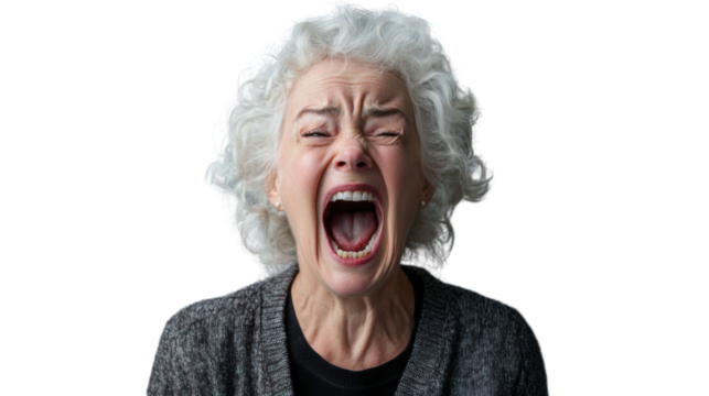 Angry senior woman shouting with transparent background