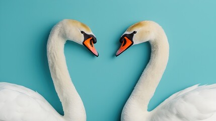 Fototapeta premium Elegant Swans Forming Heart Shape on Soft Blue Background