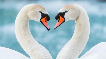 Fototapeta premium Beautiful Swans Forming Heart Shape in Serene Water Background