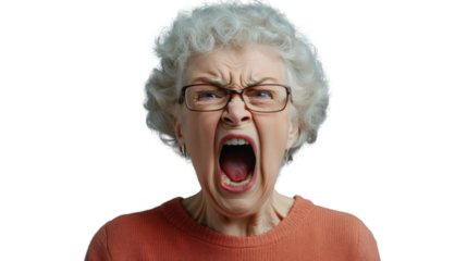 Angry senior woman shouting with transparent background