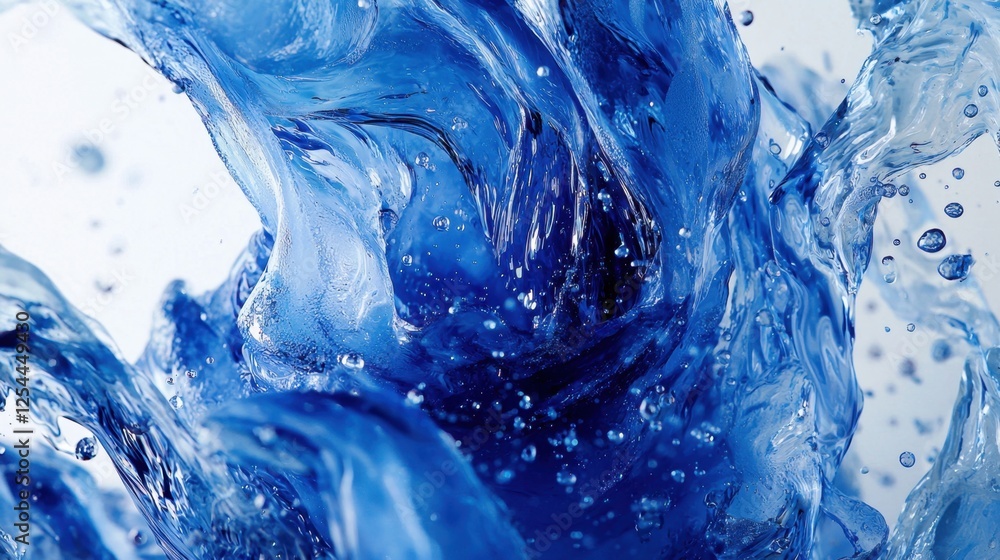 Poster close-up of a blue water splash with tiny bubbles rising, creating a dynamic and fluid motion agains