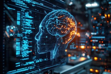 Obraz premium Digital brain processing data on screen, server room background