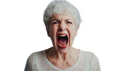 Angry senior woman shouting with transparent background