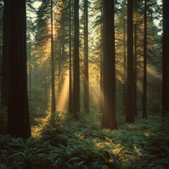 Obraz premium Redwood forest sunrise, sunbeams through trees, ferns, misty background, nature scene