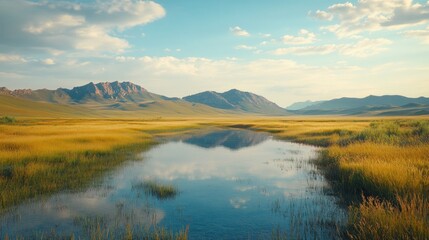 Mountain lake reflection, golden grasslands, scenic sunset, travel poster
