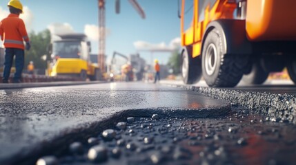 Road construction workers paving asphalt