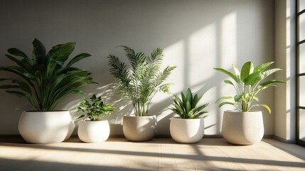 Fototapeta premium Sunlit plants in minimalist room, interior design