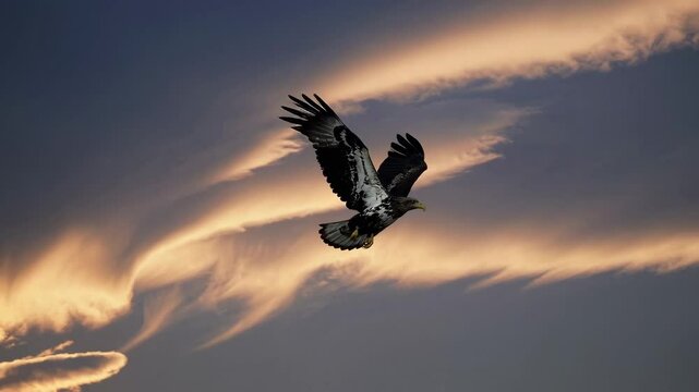 Eagle soaring against dramatic sunset clouds, freedom and strength concept