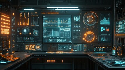 Obraz premium Futuristic control room monitors data; server room background