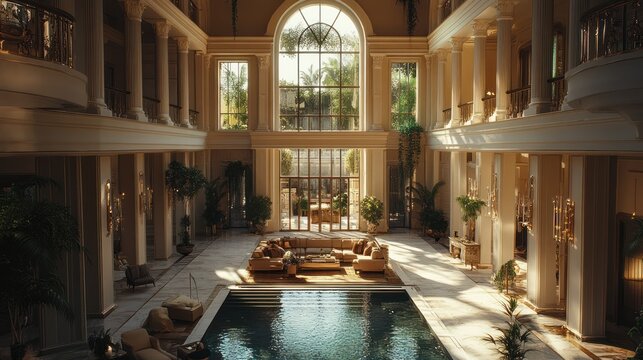 Indoor pool, grand mansion, sunlit atrium, tropical garden view, luxury home design