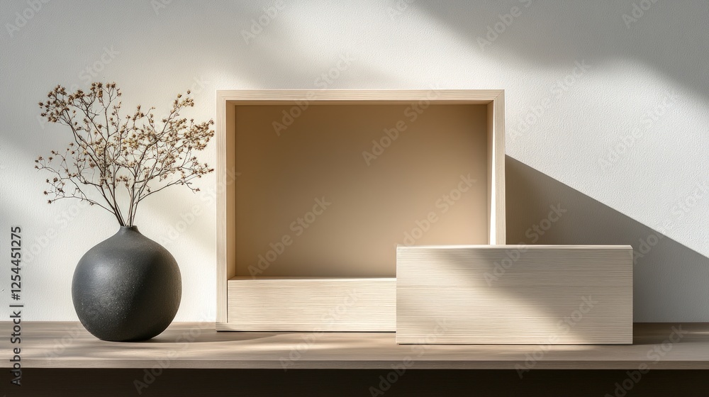 Poster empty light colored wooden frame on table with shadow and textured wall in rustic style with dried p