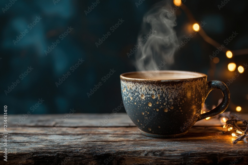 Aufkleber warm coffee cup with steam rising on a rustic wooden table during a cozy evening setting. generative