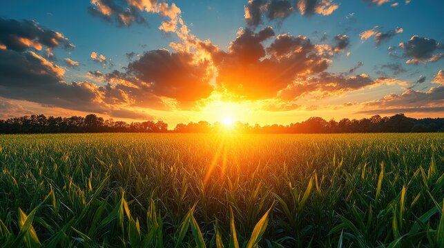 Vibrant sunset over a lush green cornfield with dramatic clouds and scenic horizon