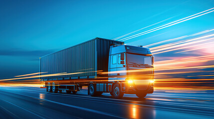 modern truck speeds along highway night, with dynamic light trails emphasizing motion and efficiency global logistics. scene captures essence of fast paced transportation and advanced technology