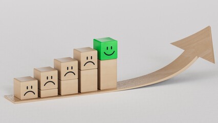 be first.Concept image of satisfaction level. wooden circles with emotions.Facial expressions. Mental health assessment.3D rendering on white background.