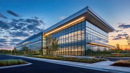 Obraz premium Modern glass office building sunset landscape, corporate real estate
