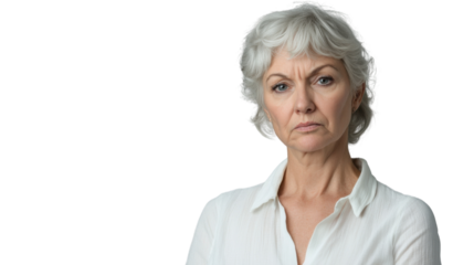 Serious senior businesswoman with folded arms on transparent background